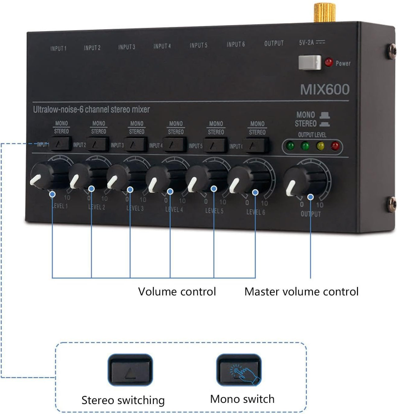 MR DJ MX600 Ultra Low-Noise 6-Channel Line Mixer Stereo/Single Track Switch Microphone