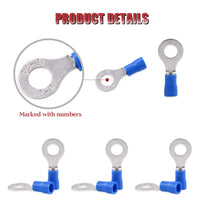 Thumbnail for 100Pcs 16-14AWG Insulated Ring Terminals Electrical Wire Crimp Connectors Blue