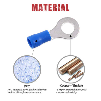 Blue ring terminal made of PVC and copper, showcasing insulation and conductivity features.