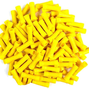  Yellow vinyl butt connector for electrical wiring, ideal for connecting two or more wires securely.