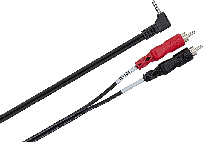 Hosa CMR-203R Stereo Breakout Cable - Right-angle 3.5mm TRS Male to Left and Right RCA Male - 3 foot