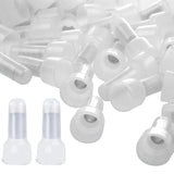 1000 white crimp cap connectors in a pile, ideal for electrical wiring and connections. Nylon, closed ends for secure fit.