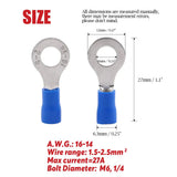 100 Pieces 14 - 16 Gauge 1/4" Vinyl Blue Ring Terminal Connectors specifications and dimensions