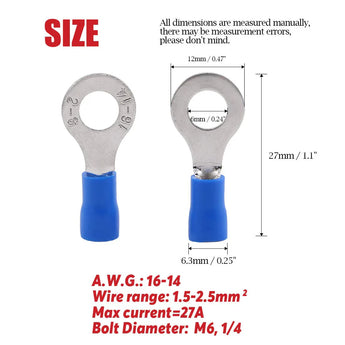 100 Pieces 14 - 16 Gauge 1/4" Vinyl Blue Ring Terminal Connectors specifications and dimensions