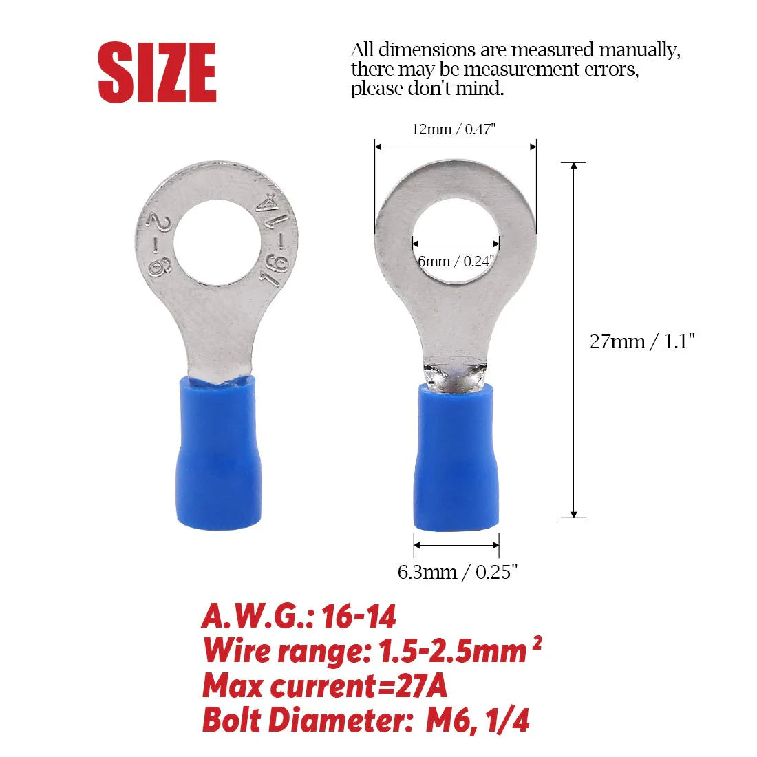 100Pcs 16-14AWG Insulated Ring Terminals Electrical Wire Crimp Connectors Blue