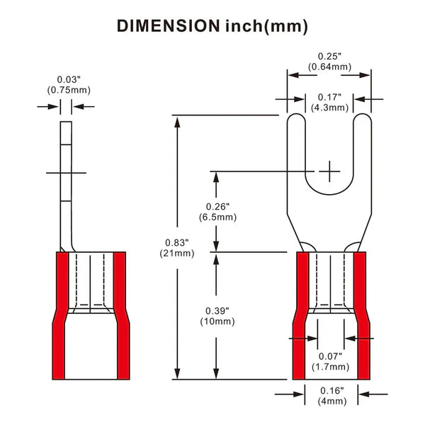 American Terminal 100 Red Insulated Fork Spade Wire Connector Electrical Crimp Terminal 18-22AWG