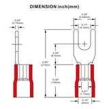 Red insulated fork spade wire connector for electrical crimping, suitable for 18-22 AWG wire sizes.