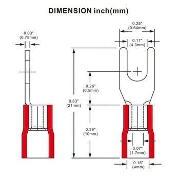 Red insulated fork spade wire connector for electrical crimping, suitable for 18-22 AWG wire sizes.