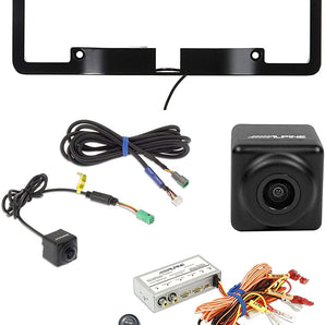 Alpine rear car camera kit includes license plate bracket, switch, and multi-view selector