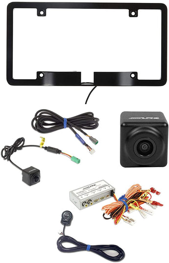 Alpine rear car camera kit includes license plate bracket, switch, and multi-view selector