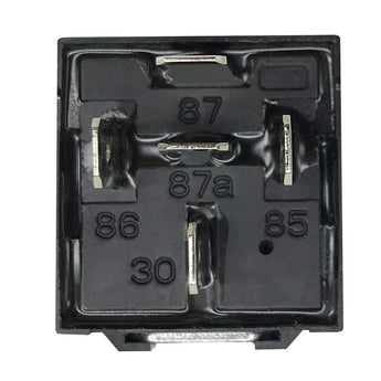 Automotive relay RLS125 12 VDC black cube relay with terminals and mounting hole.