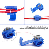 Quick splice wire terminals in blue, designed for 16-14 AWG applications, showcasing three connectors from various angles.