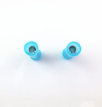 Butt connector in blue color, made of nylon, designed for 16-14 gauge wire connections, ideal for electrical projects.