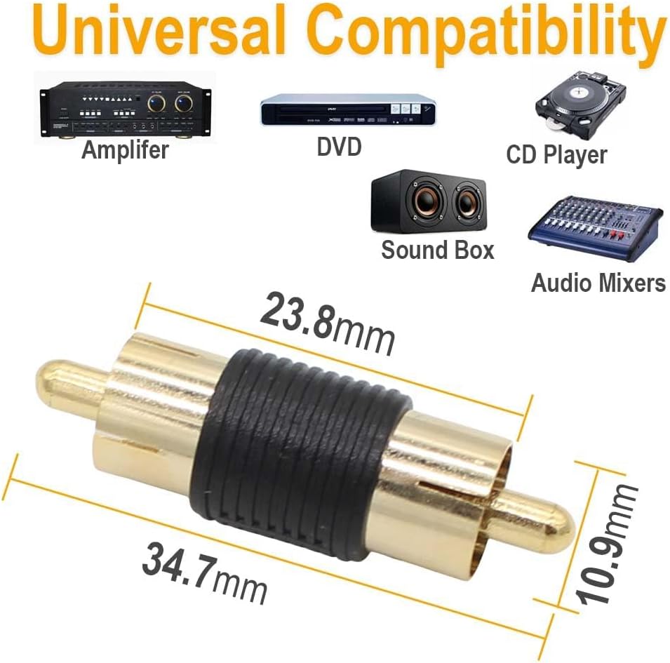 10 Pack Male to Male Gold RCA cable cord Coupler Joiner barrel Connectors
