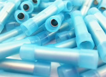 Butt connector in blue color, made of nylon, designed for 16-14 gauge wire connections, ideal for electrical projects.