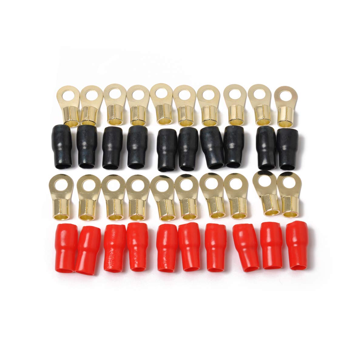 American Terminal AT0GRT20 0 Gauge Gold Ring Terminal 20 Pack 1/0 AWG Wire Crimp Cable Red Black Boots 5/16