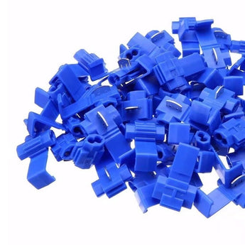 Quick splice wire terminals in blue, designed for 16-14 AWG applications, showcasing three connectors from various angles.