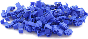 Quick splice wire terminals in blue, designed for 16-14 AWG applications, showcasing three connectors from various angles.