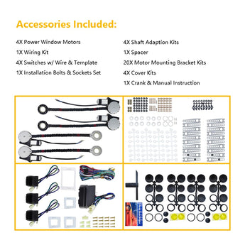 Electric power window conversion kit parts including electric window regulators, switches, and wiring for 4-door vehicles.