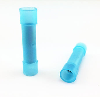 Butt connector in blue color, made of nylon, designed for 16-14 gauge wire connections, ideal for electrical projects.