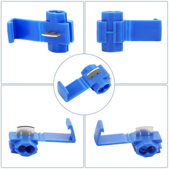 Quick splice wire terminals in blue, designed for 16-14 AWG applications, showcasing three connectors from various angles.