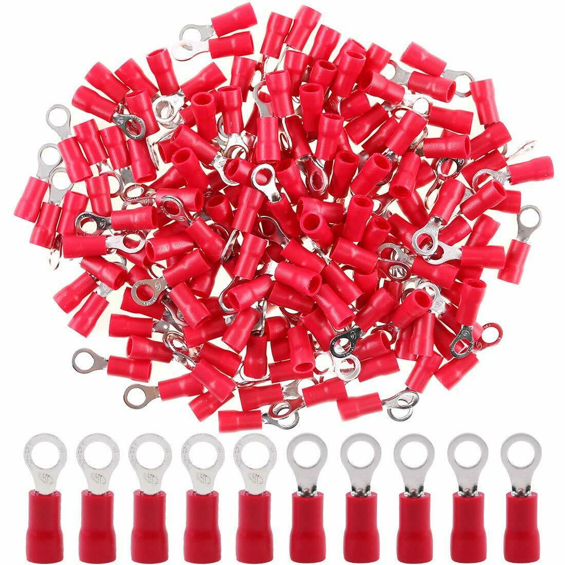 100Pcs 22-16AWG Insulated Ring Terminals Electrical Wire Crimp Connectors Red
