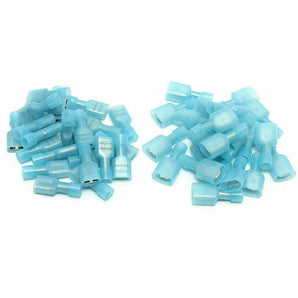 100pcs nylon spade crimp fully insulated wire terminals connector in blue color.