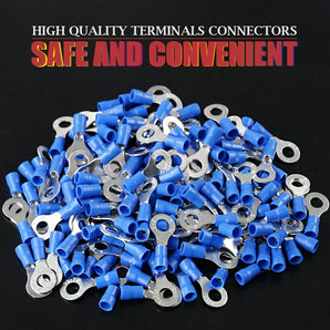 100 pieces of blue ring terminals, insulated electrical crimp connectors for 14-16 gauge wiring.