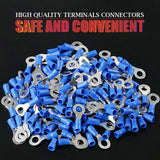 100 pieces of blue ring terminals, insulated electrical crimp connectors for 14-16 gauge wiring.