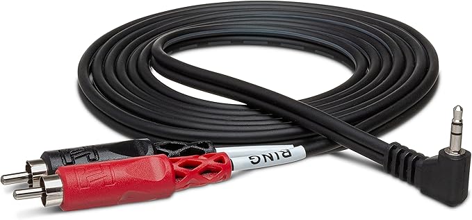 Hosa CMR-203R Stereo Breakout Cable - Right-angle 3.5mm TRS Male to Left and Right RCA Male - 3 foot