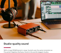 Thumbnail for Focusrite Scarlett 2i2 Studio 4th Gen USB Interface Microphone Headphones Software Suite Broadcast Arm Springs XLR Cable Pop Filter