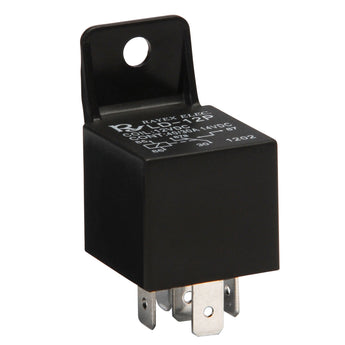 Bosch Tyco style relay in black with four pins for automotive and marine applications, 30/40 AMP rating.