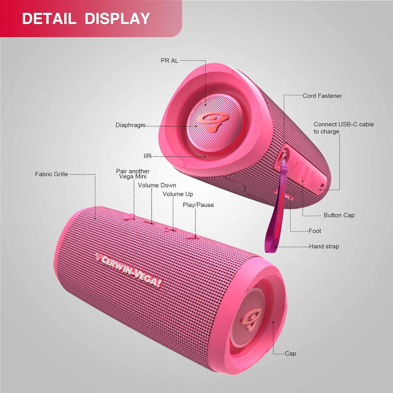 Cerwin Vega VMPNK Vega Mini Pink Portable Compact Powerhouse Bluetooth Speaker