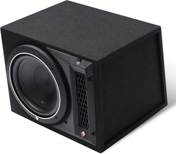 Rockford Fosgate Punch P1-1X10 single P1 10 inch loaded subwoofer enclosure ported view, showcasing powerful audio design