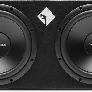Rockford Fosgate R2-2X12 dual subwoofers in sealed enclosure, delivering 1000W peak power for superior sound quality.