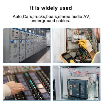 Collage of images showing fork spade wire connector applications of electrical connectors in auto, trucks, boats, stereo audio, and underground cables.