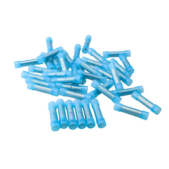 INSTALL BAY BNBC Butt Connectors in blue, 16-14 gauge, ideal for electronics and wiring applications.