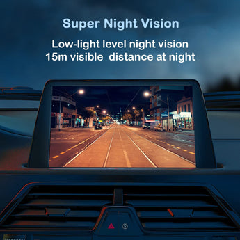 Backup camera showing super night vision feature with low-light capability and 15m visibility distance in a car.