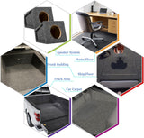 Dark red carpeted speaker enclosure box with dual subwoofer cutouts, showing rich red textured fabric covering and sturdy construction for car audio use.
