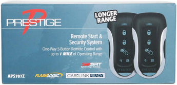 Prestige APS787Z keyless entry remote start and security system with up to 1 mile range, featuring 5-button remote control.