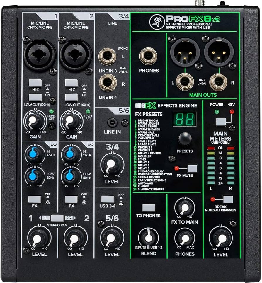 Mackie ProFX6v3 6-Channel Mixer with Built-in Effects and USB + Headphone + Pair XLR Cable + Phone Holder