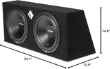 Rockford Fosgate R2-2X12 dual subwoofers in sealed enclosure, delivering 1000W peak power for superior sound quality.