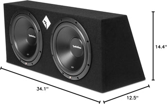 Rockford Fosgate R2-2X12 dual subwoofers in sealed enclosure, delivering 1000W peak power for superior sound quality.