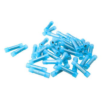 INSTALL BAY BNBC Butt Connectors in blue, 16-14 gauge, ideal for electronics and wiring applications.