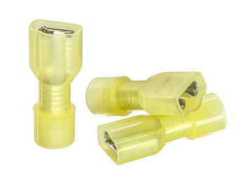Female quick disconnect connector in yellow plastic, designed for 12-10 AWG gauge wires.