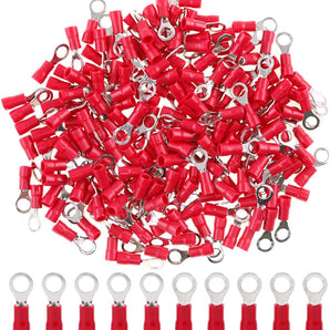 200 pcs #8 Red Vinyl Insulated Connectors Ring Terminal, suitable for 22/16 gauge applications.