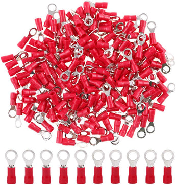 200 pcs #8 Red Vinyl Insulated Connectors Ring Terminal, 22/16 Gauge, suitable for reliable electrical connections.