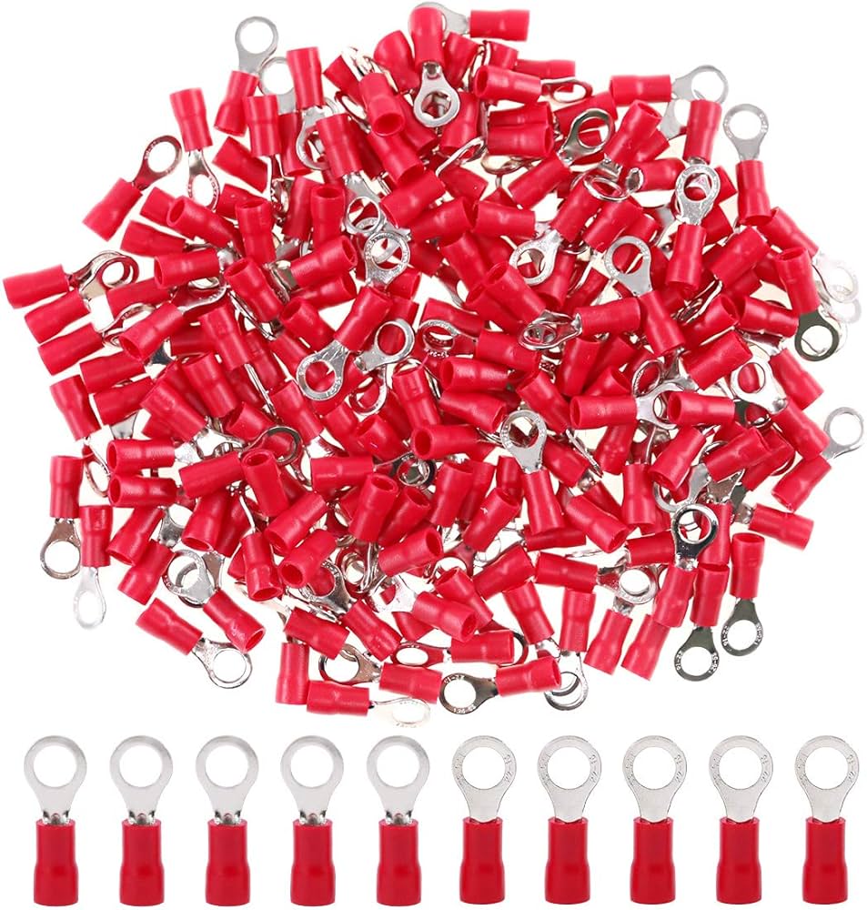100Pcs 22-16AWG Insulated Ring Terminals Electrical Wire Crimp Connectors Red