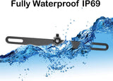 Backup camera frame showing fully waterproof design with IP69 rating and water splashes for enhanced durability.