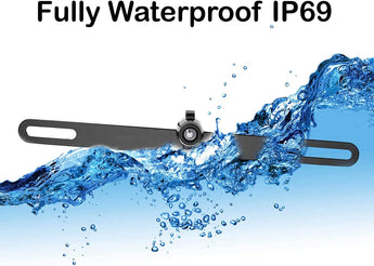 Backup camera frame showing fully waterproof design with IP69 rating and water splashes for enhanced durability.